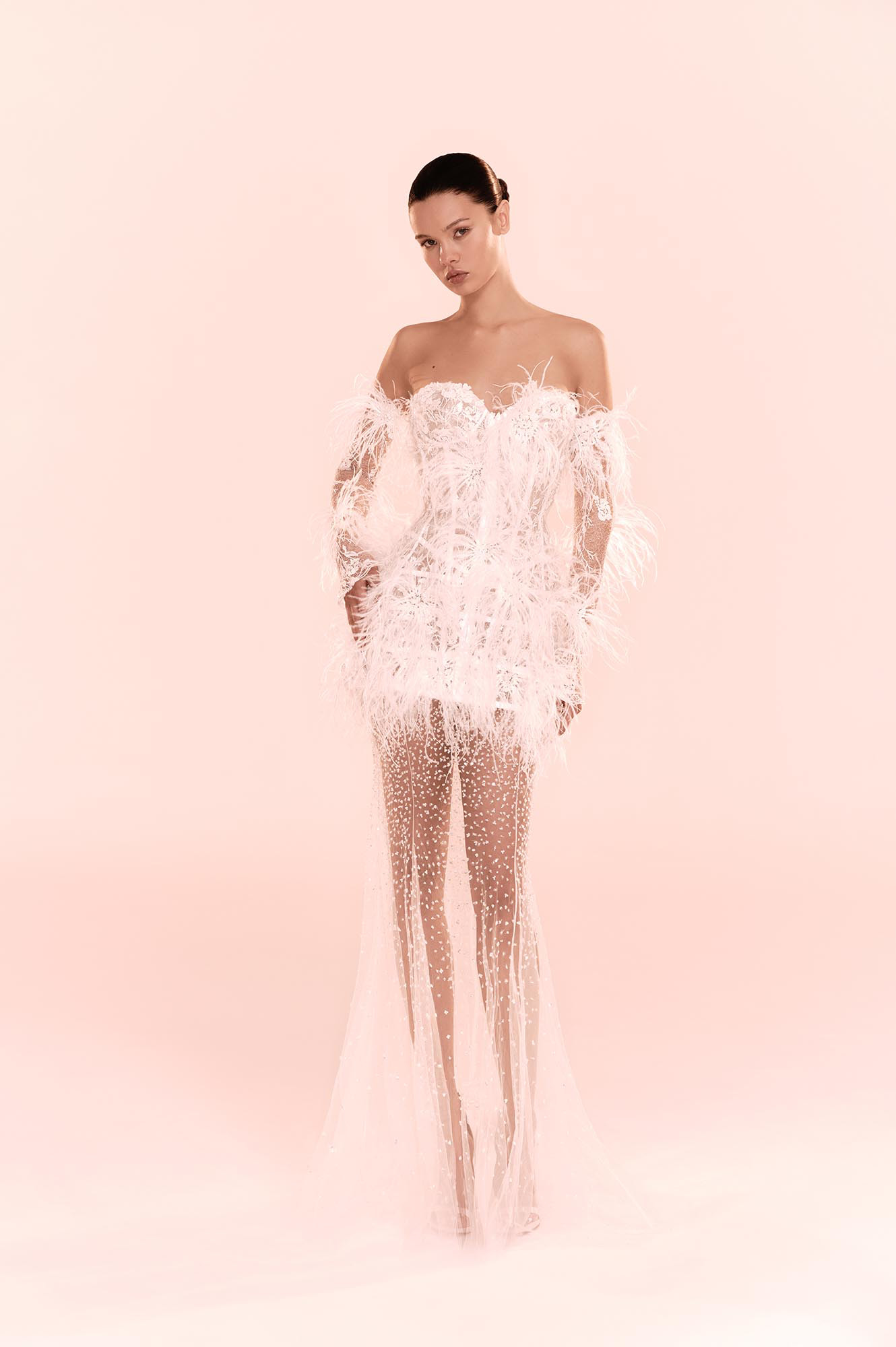 Zuhair Murad Mariage Fall 2026 Look 16 side view of strapless lace wedding dress with overskirt and long veil