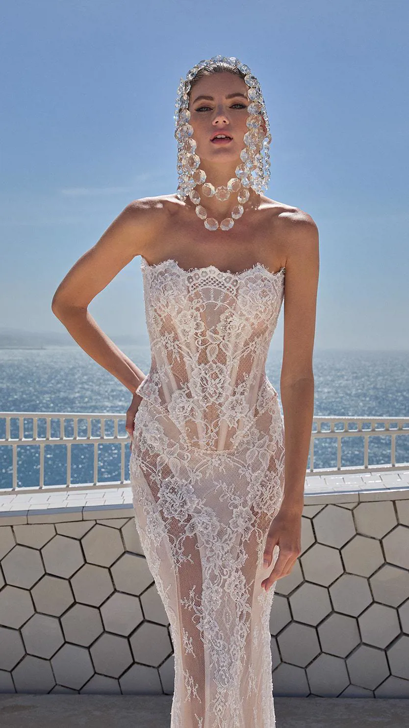 Galia Lahav strapless lace wedding dress Evangeline with sheer corset bodice and fitted silhouette, styled with crystal headpiece by the sea.