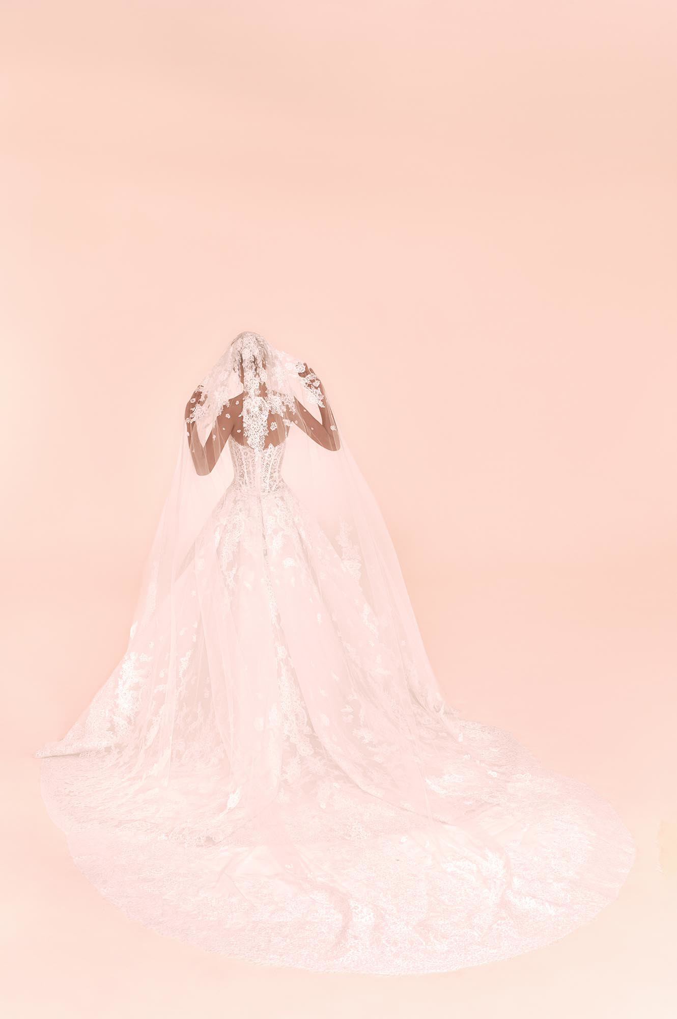 Zuhair Murad Mariage Fall 2026 Look 19 back view of lace ball gown wedding dress with cathedral veil and long train