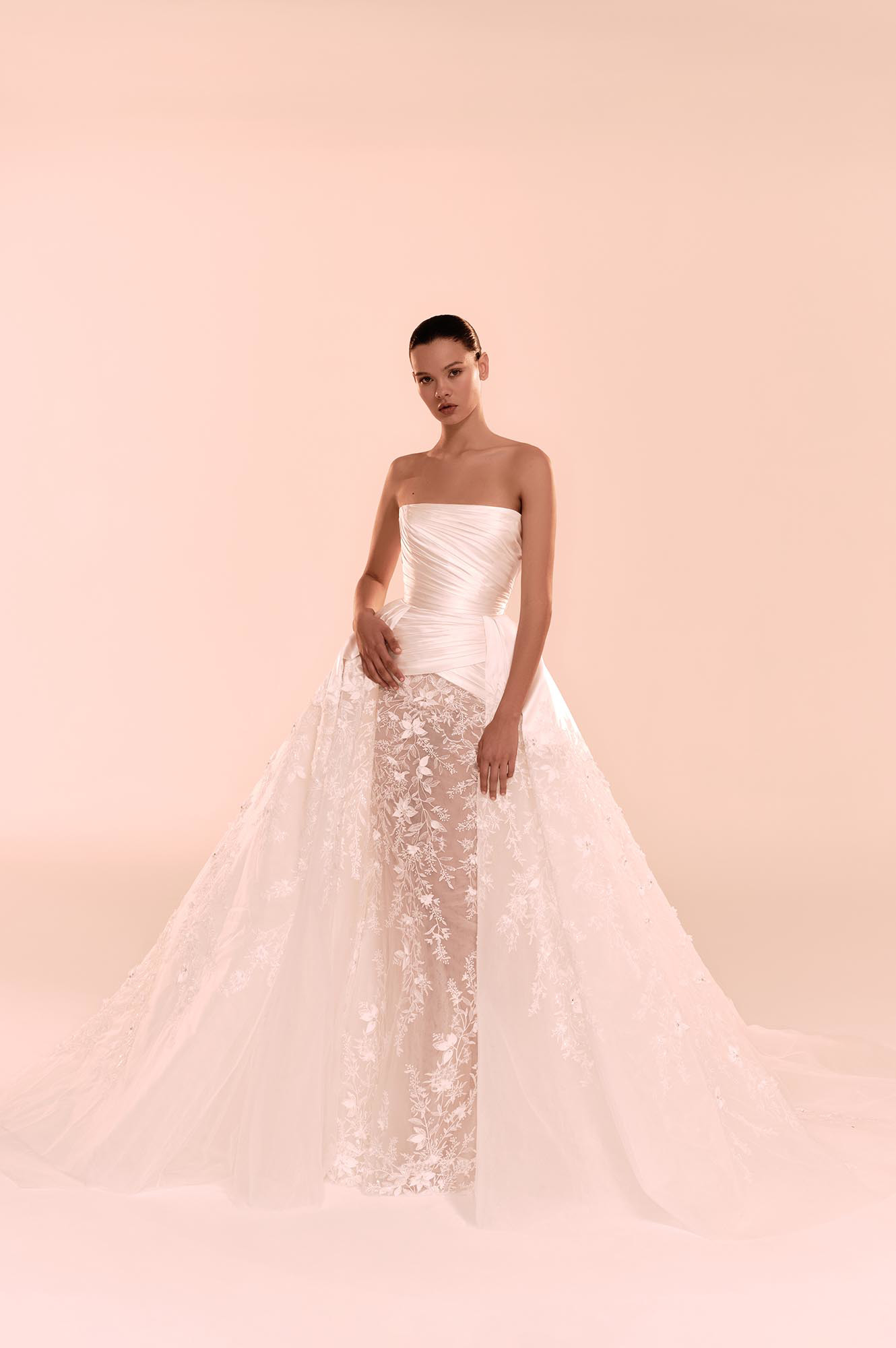 Zuhair Murad Mariage Fall 2026 Look 24 strapless wedding dress with draped satin bodice, lace skirt and full overskirt