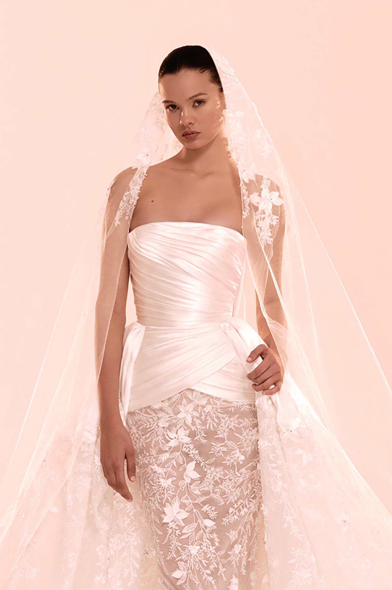 Zuhair Murad Mariage Fall 2026 Look 23 strapless wedding dress with draped satin bodice, lace skirt and floral veil