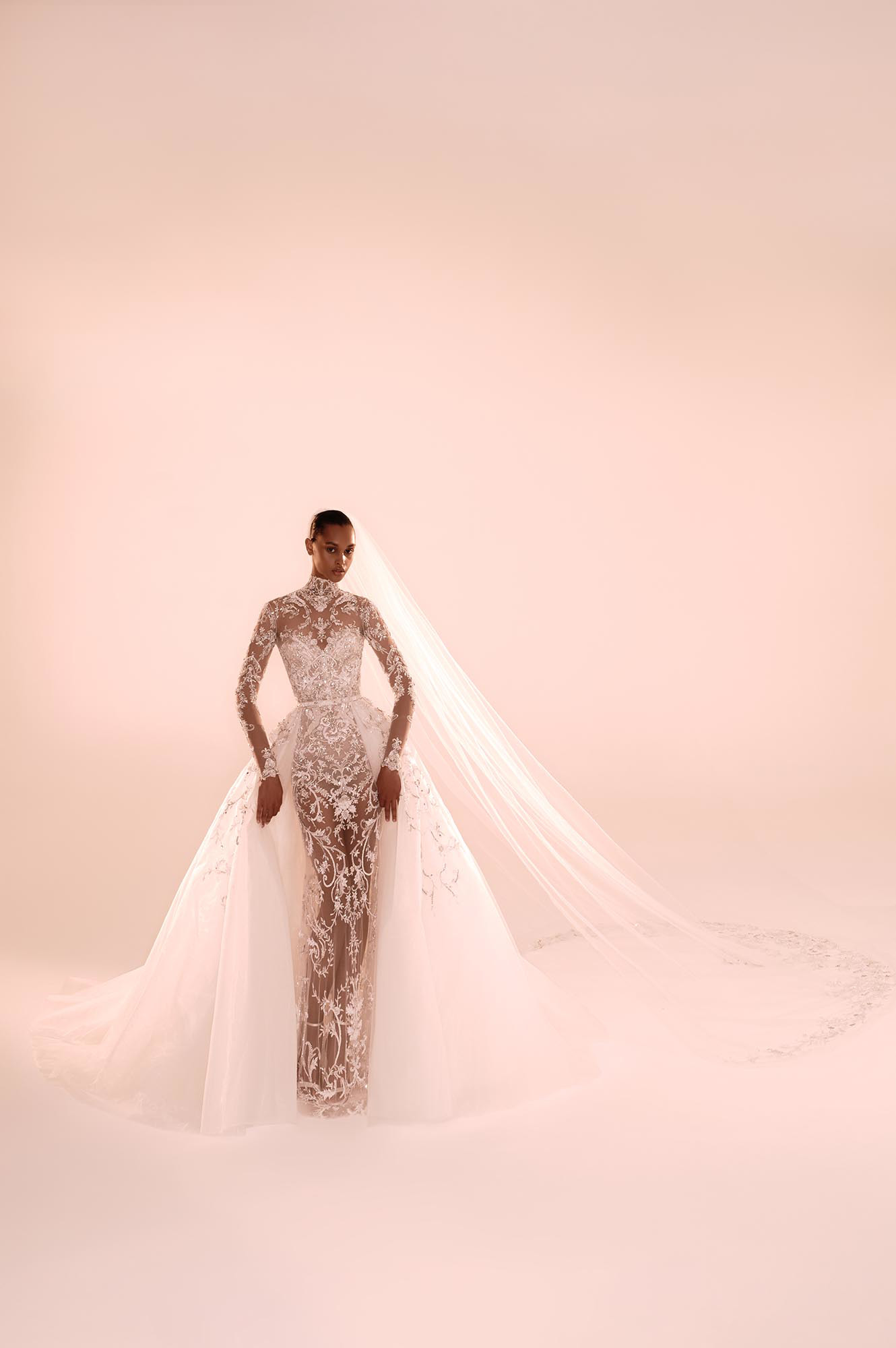 Zuhair Murad Mariage Fall 2026 Look 21 close-up of strapless satin ball gown with beaded corset and embroidered veil