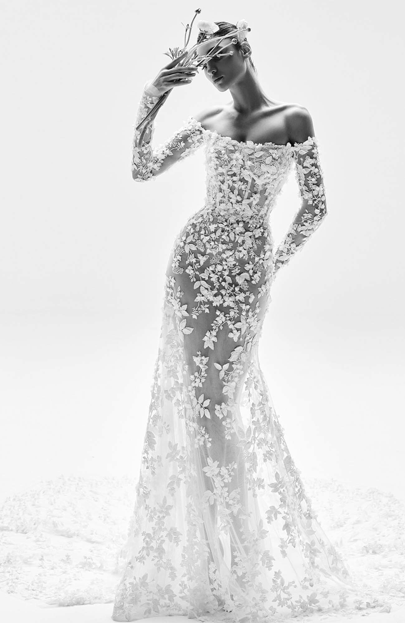Zuhair Murad Mariage Spring 2026 Look 7 strapless floral lace ball gown with bow belt and full skirt